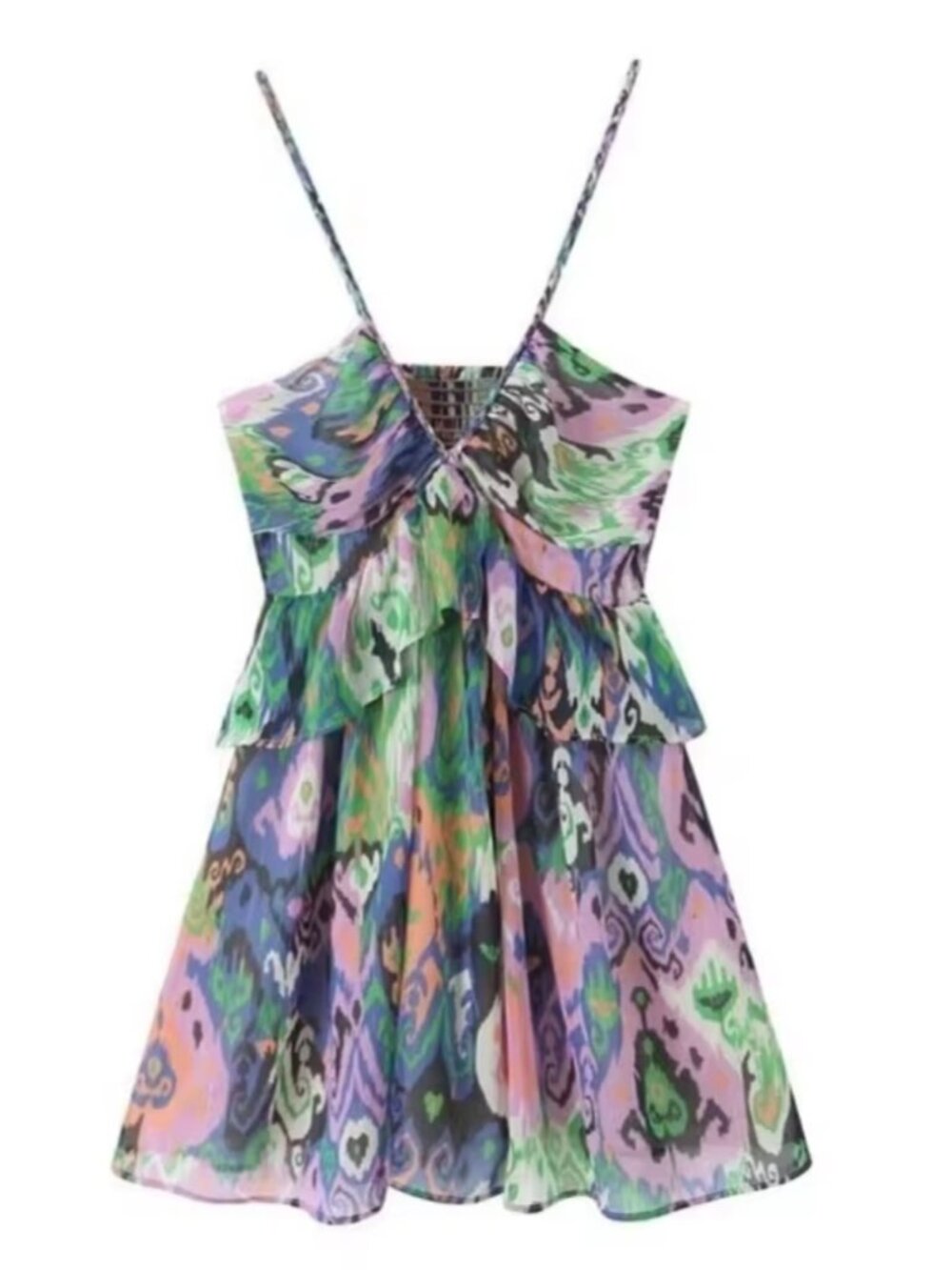 Women's Summer Beach Casual Spaghetti Strap Mini Dress. Colorful Print